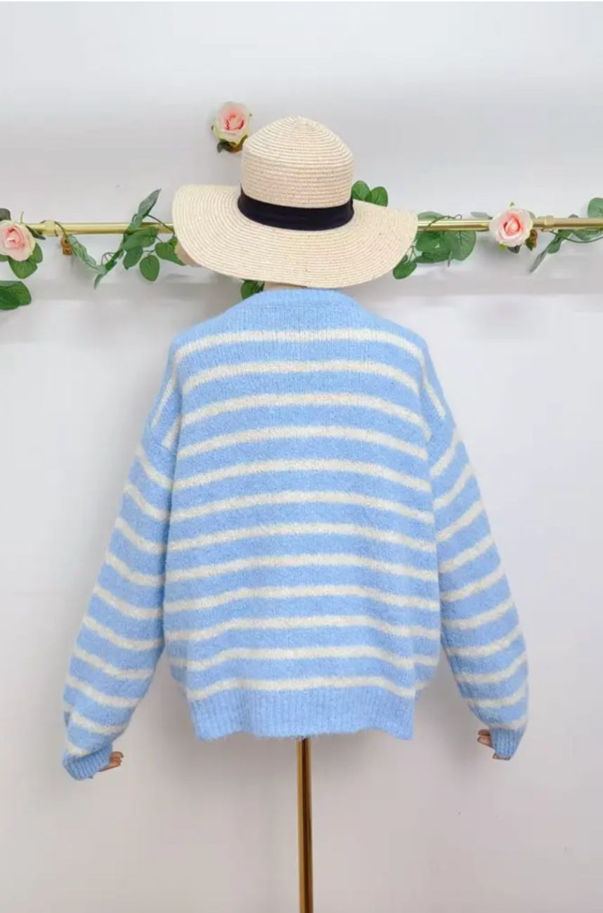 Gestreifter Strick-Cardigan mit Smiley-Patch