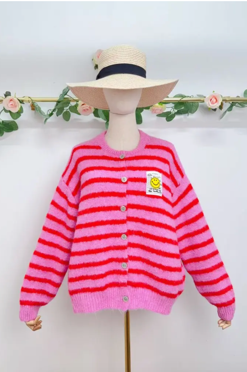 Gestreifter Strick-Cardigan mit Smiley-Patch
