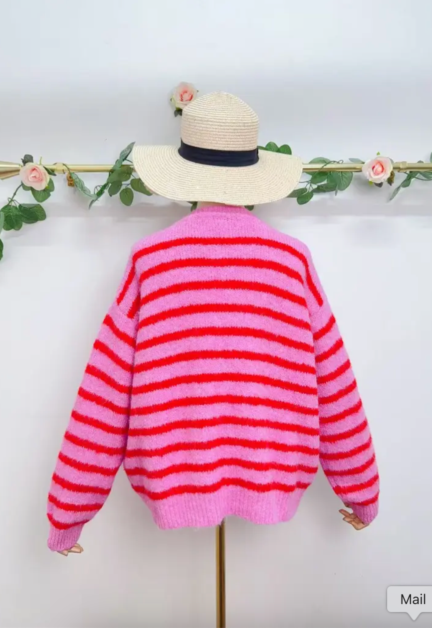 Gestreifter Strick-Cardigan mit Smiley-Patch