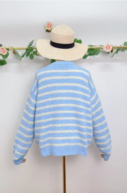 Gestreifter Strick-Cardigan mit Smiley-Patch