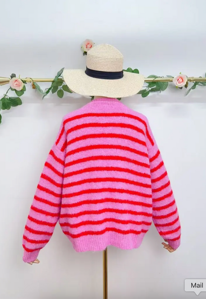 Gestreifter Strick-Cardigan mit Smiley-Patch